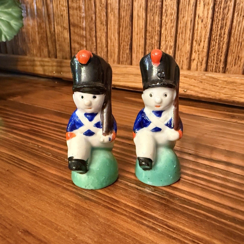 Vintage Japan Toy Soldier Salt Pepper Shakers Military Guards Pair Corks